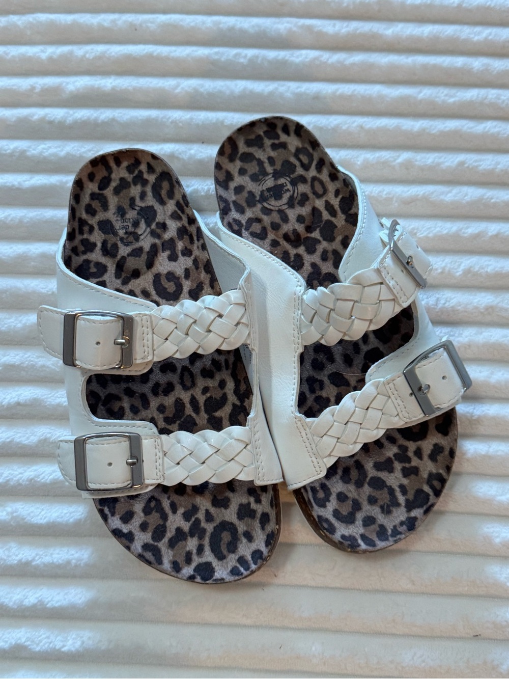 White Braided Double-Buckle Sandals with Leopard Insole